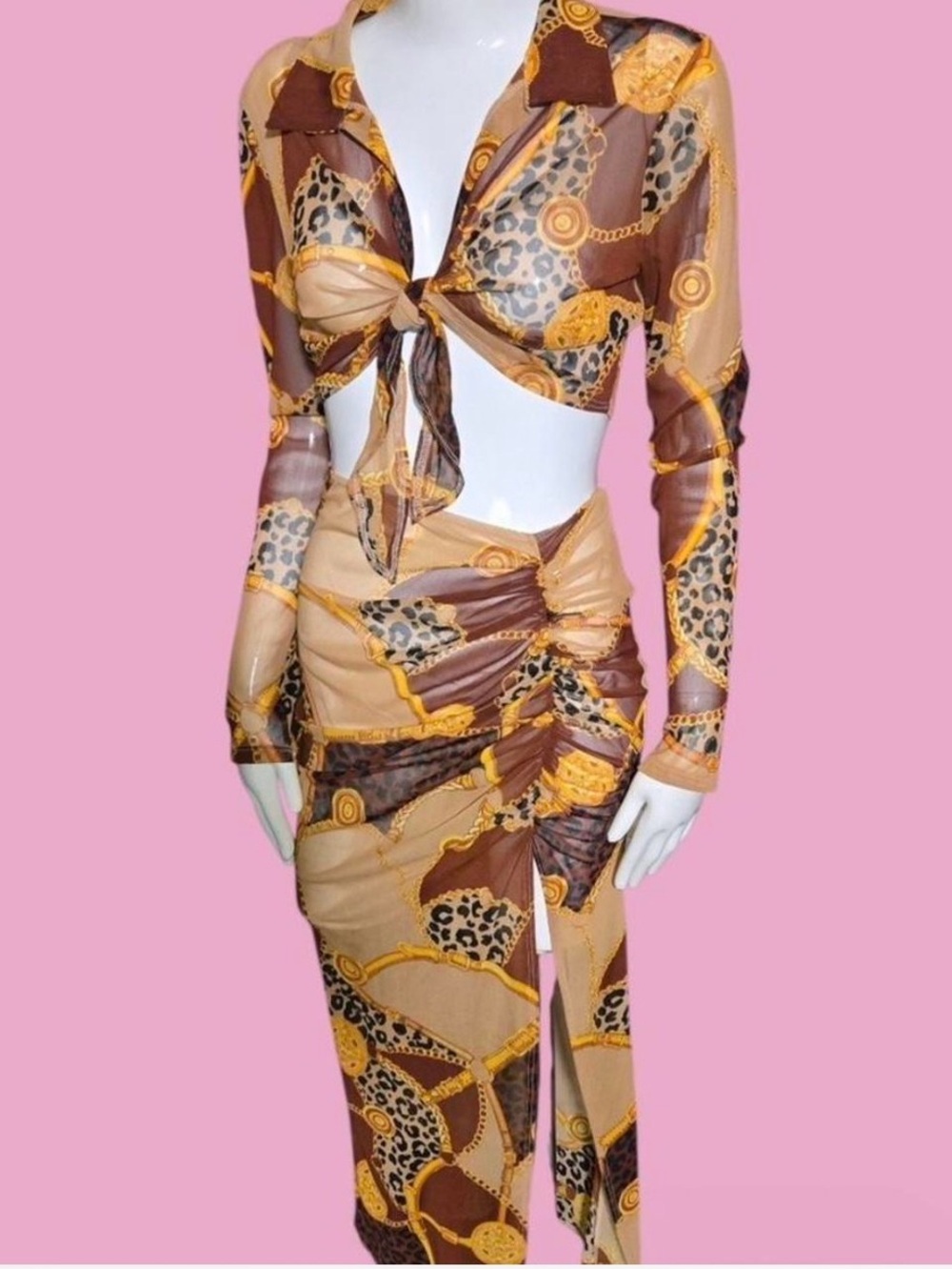 Brown & Gold Chain Print Long Sleeve Tie-Front Dress